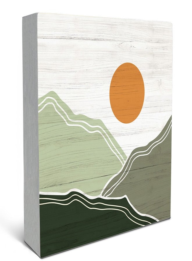 SRADMO Abstract Boho Sun Green Mountains Wood Box Sign Desk Decor, Bohemian Nature Landscape Wooden Block Box Sign Decoration For Home Office Shelf Table Decor - Image 1